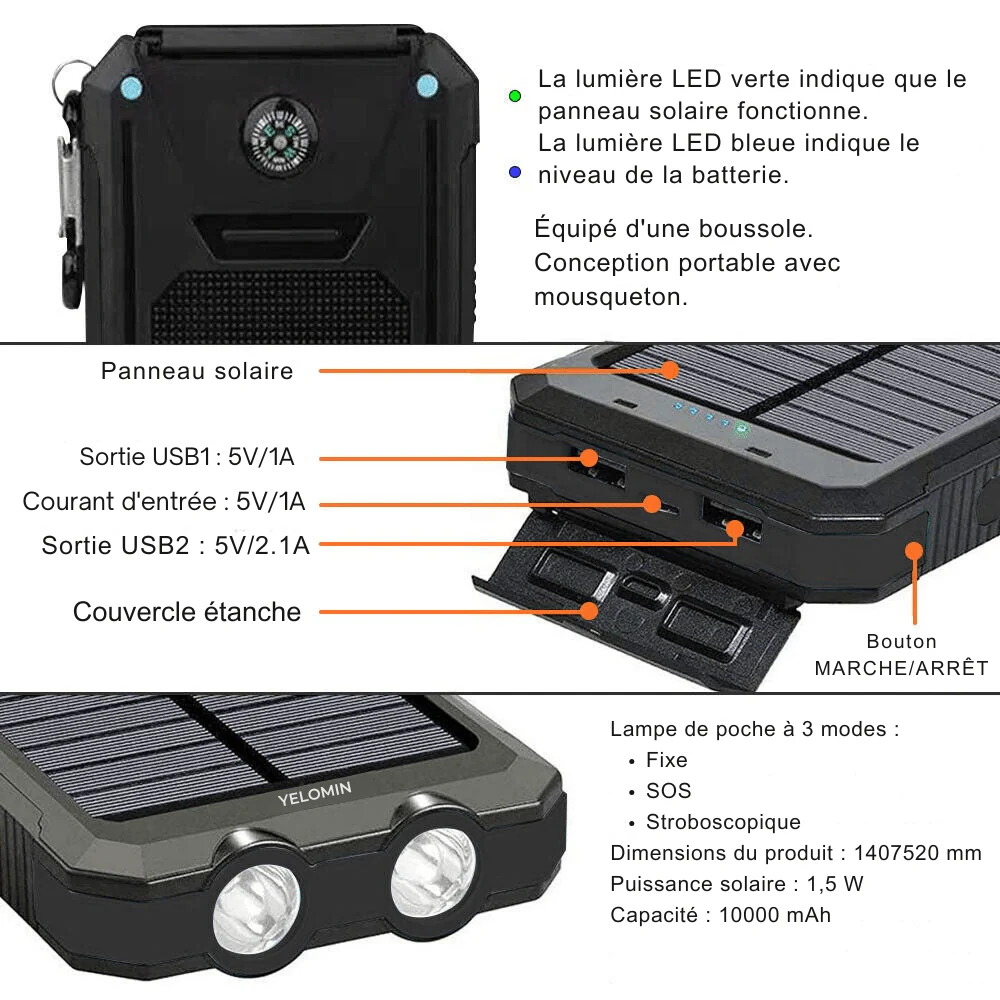 Batterie Externe Solaire Étanche Antichoc 10 000 mAh - Recharge Solaire – Image 4